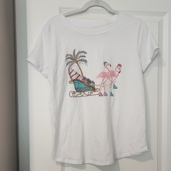 Adiva White Tee with Flamingo and Palm Print - Picture 1 of 3